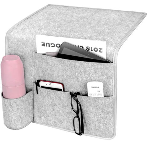 Poche de Lit en Feutre, Sac de Rangement de Chevet mit Porte-Bouteille, Organisateur de Chevet pour Télécommande, Téléphone, Tablette, Magazine, Lunettes, Stylo - Gris Clair