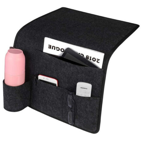 Poche de Lit en Feutre, Sac de Rangement de Chevet mit Porte-Bouteille, Organisateur de Chevet pour Télécommande, Téléphone, Tablette, Magazine, Lunettes, Stylo - gris foncé