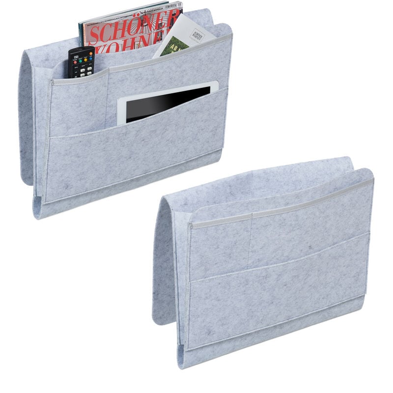 Poche de lit, lot de 2, en feutre, fermeture auto-agrippante, pochette chevet, rangement canapé, gris clair - Relaxdays