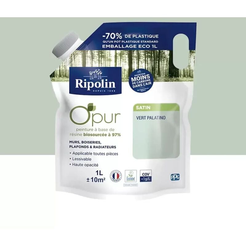 Poche de peinture Murs, Boiseries, Radiateurs Ripolin OPur Satin Vert palatino 1 l