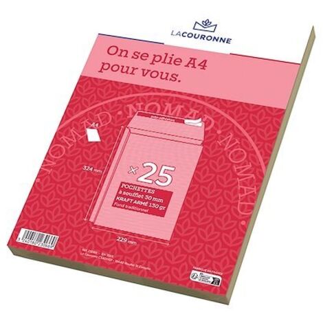 Pochette à soufflets 3 cm kraft brun armé 229 x 324 mm La Couronne 130 g sans fenêtre - Paquet de 25