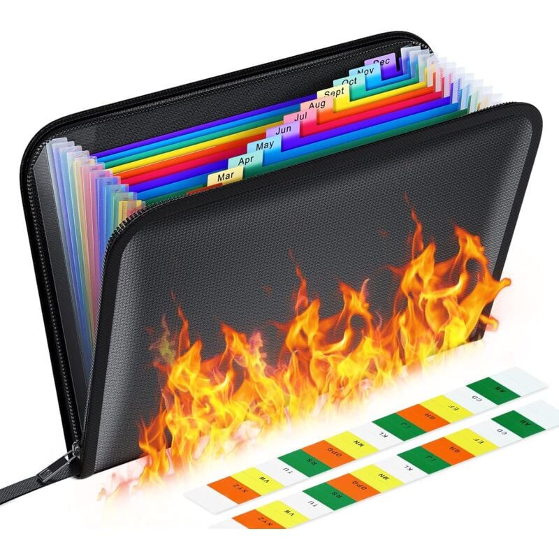 Pochette Anti Feu, 12 Poches Sac à Documents Ignifuge, A4 Mallette de rangement de billets de banque ignifuge et étanche pour documents, argent,