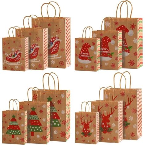 Pochette Cadeau Noël, 12 Pcs Sac Papier Kraft avec Poignée, Grande Pochette Kraft Noel, 3 Différentes Tailles Sac Cadeaux Sachet Bonbons Anniversaire pour Noël, Fête Du Thé, Mariage et Fêt
