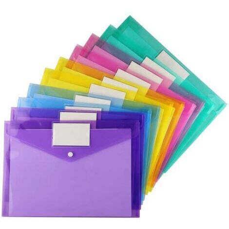 Pochette Documents, 10 Pochettes A4 5Couleurs Différentes, Avec Bouton-Pression et Pochette Pour Cartes de Visite, pour le Classement, Triées pour l'école, Travail, Bureau et Maison
