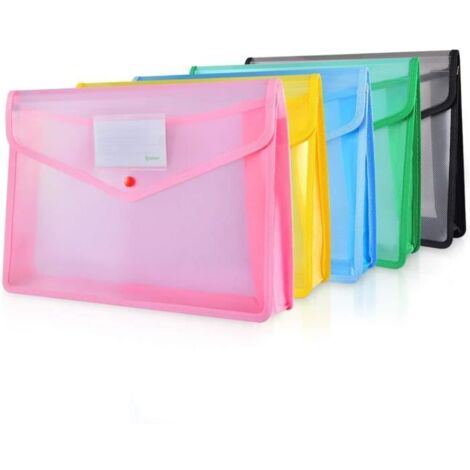 Pochette Plastique A4 à Bouton Pression,5PCS Polypropylène Porte-document Extensible Fichier Document Chemise(5 Couleurs sergé)