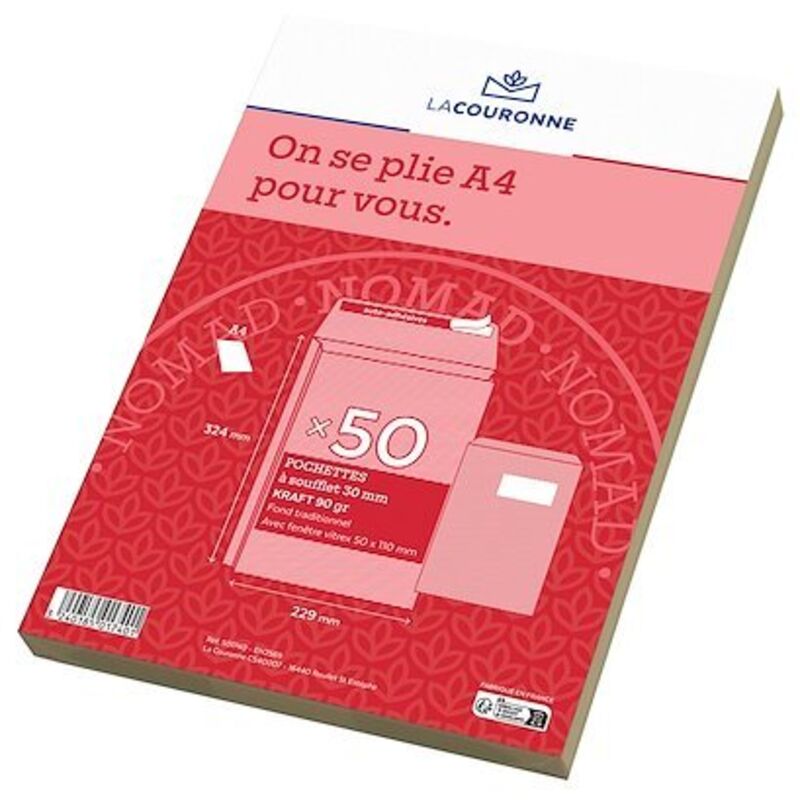 Pochette à soufflets kraft adour 90 gr La Couronne 229 x 324 avec fenêtre 50 x 110 mm - Boîte de 50