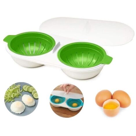 Pocheuse à œufs - Au Micro-Ondes - 2 Tasses - Plastique PP - Blanc et Vert - Facile à Utiliser