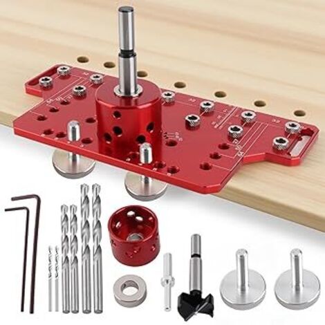 Pochoir 2 en 1 pour broches d'étagère et charnières d'armoire, gabarit de perçage en alliage d'aluminium pour le travail du bois avec forets de 1/4", 5 mm, 2 mm et 35 mm, dispositif de ferrure