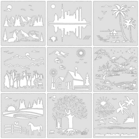 pochoirs flexibles de paysages de forêt, de plage et de ville pour projets artistiques à faire soi-même