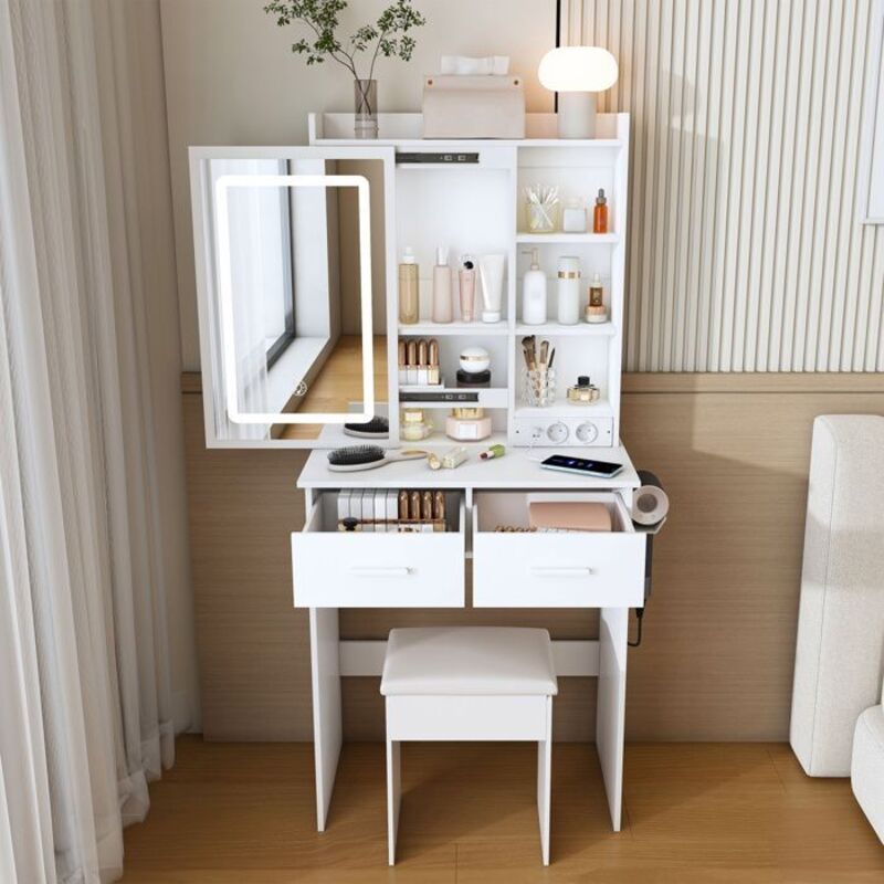 POCKETPOP Coiffeuse avec miroir et tabouret, éclairage LED réglable et prise, 2 Tiroirs, pour les petites chambres, Blanc