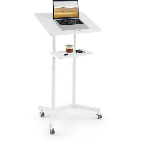 Podium Debout Mobile, Pupitre 104,5-128,5 cm, Petit Bureau Debout Roulant Surface Inclinée Réglable avec Rebord,Lutrin avec Étagère de Rangement,Blanc