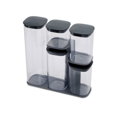 Podium Joseph Joseph, set de 5 Gläser de Aufbewahrung mit Halter, luftdicht, einfaches de Ausgießen, ideal für Trockenfutter, Farbe grau, 500 ml bis 1,9 L