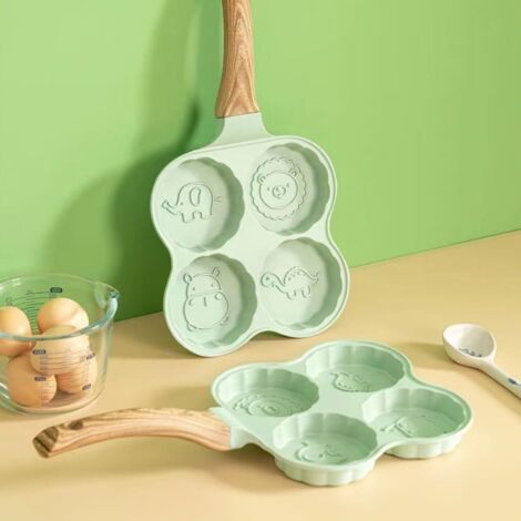 Poêle à 4 Emplacements, Poêle Antiadhésive en Aluminium pour Omelettes et Pancakes avec Poignée en Bois, Chauffage Rapide et Uniforme pour Cuisinière Gaz et Induction, Design 4 Tasses