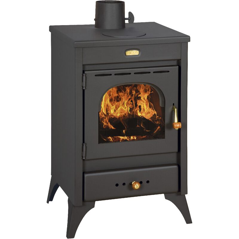 Tuttacasa - Poele a' bois Kir9 / 12 kW structure en acier noir mat avec plaque de cuisson sur le dessus pour 220 m