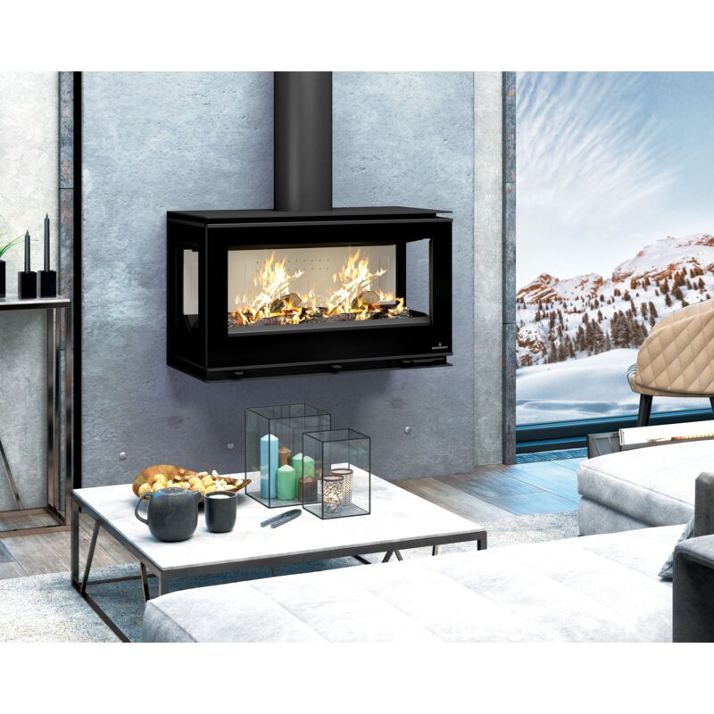 Poêle à bois moderne pose libre, suspendu, sur pieds, avec bûcher - BRONPI Cairo 903C Box 13 kW Sans kit air - Foyer en FIRETEK - Sans kit