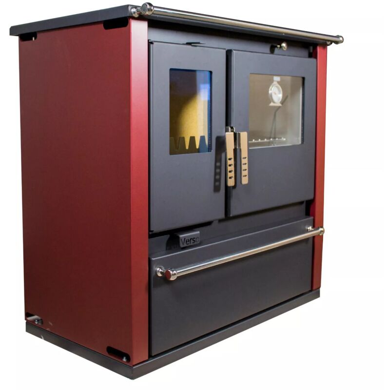 Verso - Poêle à bois de Cuisine cs Plus - 7,7 kW avec Four en Inox et Panneaux Latéraux Peints en Bordeaux, Design Raffiné et Chauffage Efficace