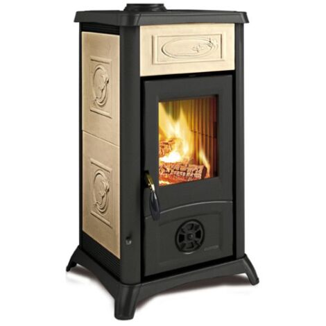 Poele a' bois La Nordica Extraflame Revetement exte'rieur Gemma en parchemin antique liberty coloris majolique 6 kw 172 m chauffe'