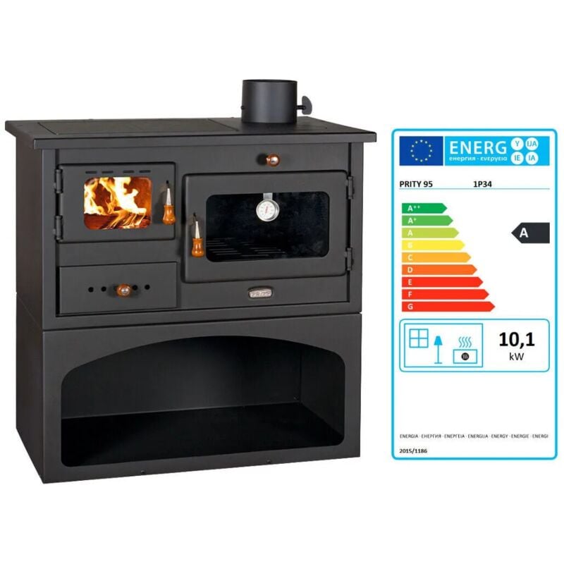Poêle à bois. Puissance de chauffage de 10 kW. Poêle à combustible solide avec four. Plaques chauffantes en fer. Modèle ' Prity 1P34'