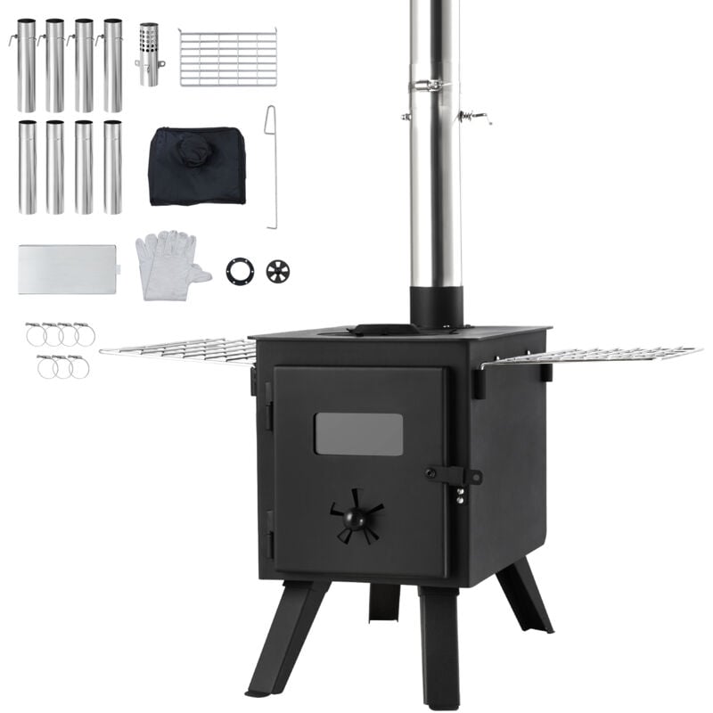 Mophorn - Poêle à bois portable de 86 pouces, poêle de tente de camping en acier allié avec foyer de 1400 pouces³, 8 tuyaux de cheminée et gants,