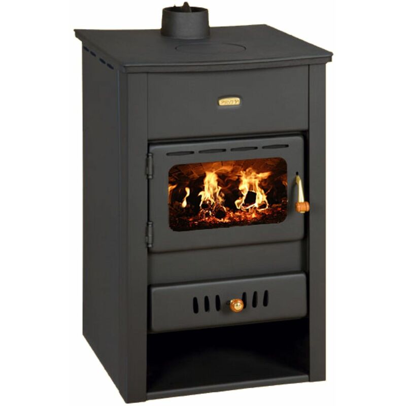 Poêle à bois pour chauffage central. Poêle à combustible solide avec chaudière intégrée. Puissance de chauffage 4 + 13 kw. Couvercle en fonte. Modèle