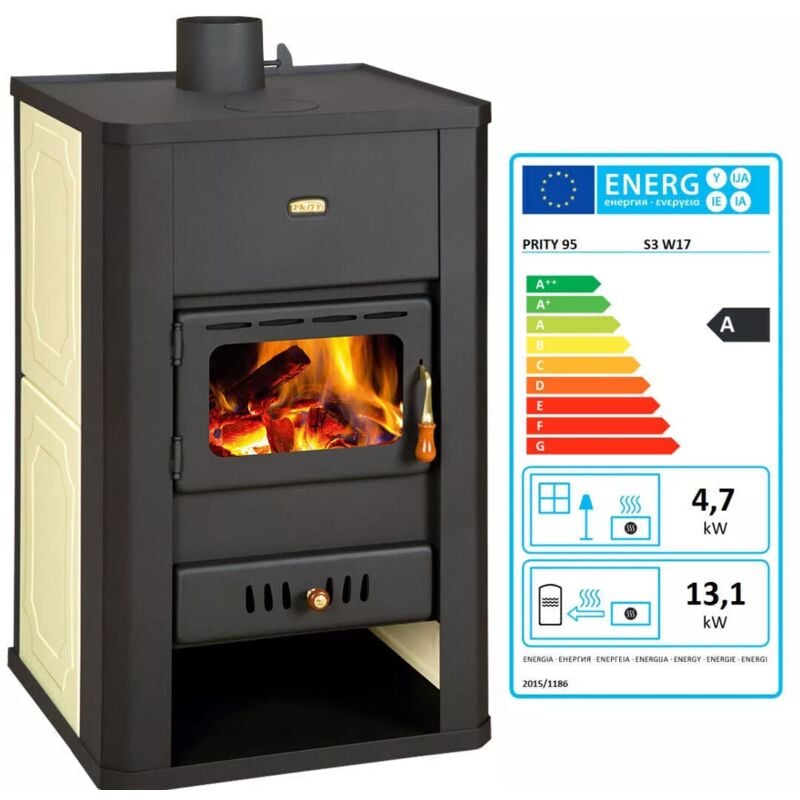 Poêle à bois pour chauffage central. Poêle à combustible solide avec chaudière intégrée. Puissance de chauffage 5 + 17 kw. Couvercle en acier. Modèle