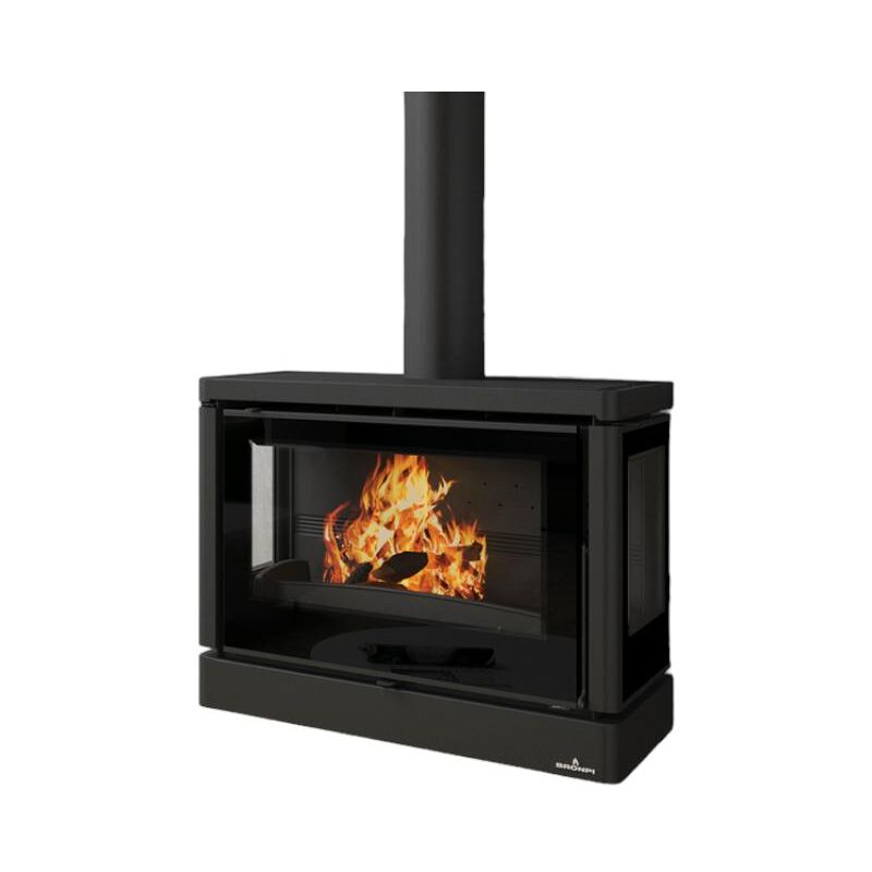 Bronpi - Poêle à bois suspendu ventilé 3 faces Versailles - c 10 kW Porte fonte - avec vitre sérigraphiée noire