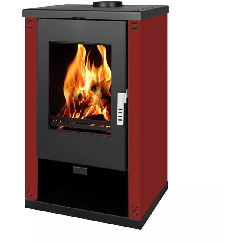 Verso - Poêle à bois Theia 9 kW avec Panneaux Latéraux Peints en Bordeaux - Chauffage Puissant et Design Raffiné