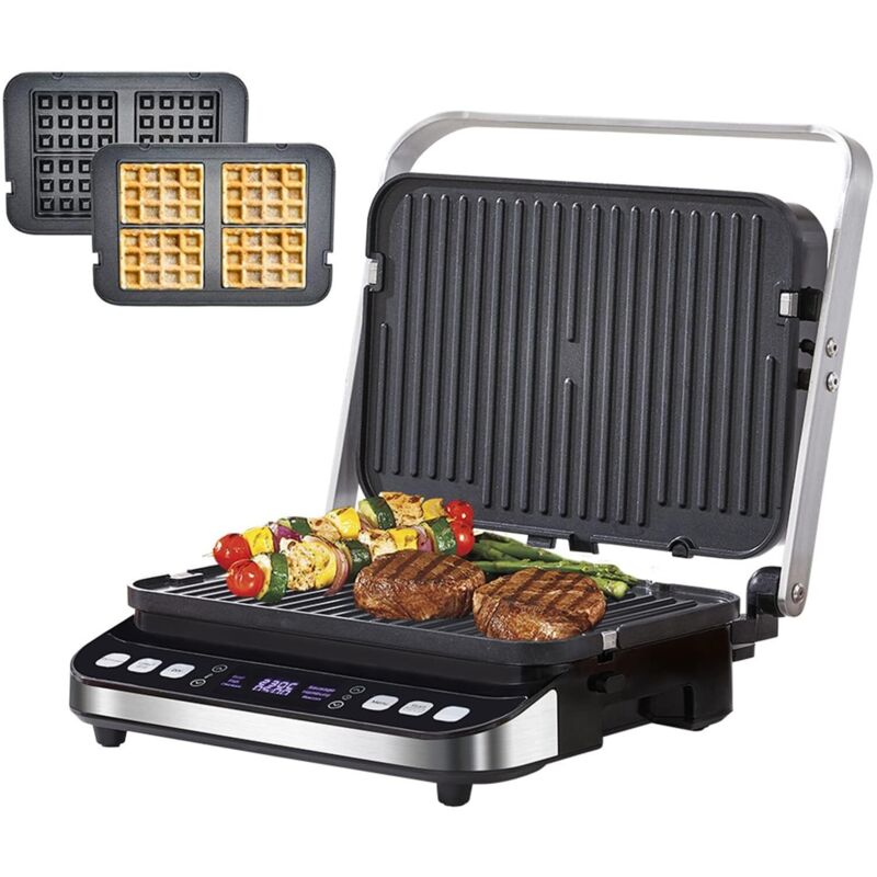 Poêle à Frire Électrique Entièrement Automatique, Machine à Sandwich 2000 W avec Plaque à Gaufres et Boîte à Huile, Amovible, avec Écran Tactile et
