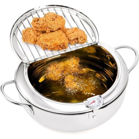 Poêle à frire, marmite en acier inoxydable avec vidange d'huile, contrôle de température et couvercle, friteuse tempura pour plaques de cuisson gaz/induction, pour frites et poulet (20 cm)