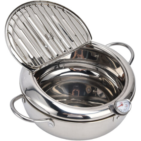 Poêle à Frire Mini en Acier Inoxydable 304 avec Thermomètre et Contrôle de Température, 24cm / 9.4in, Idéal pour Cuisine