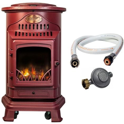 Poele à gaz 3,4 KW Rouge Effet poêle à bois Fonte véritable + Tuyau gaz + détendeur butane Provence UNIVERSAL