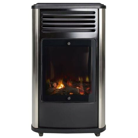 Poele à gaz 3.4KW Noir Effet feu de bois 3 niveaux de chauffe 40-80m2 Manhattan