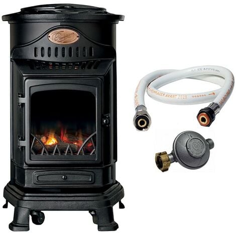 Poêle à gaz 3,4KW NOIR Fonte Véritable Effet feu de bois + Tuyau gaz + Détendeur butane Provence UNIVERSAL