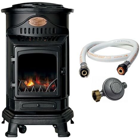 Poêle à gaz Fonte véritable 3,4KW noir Effet feu + Tuyau gaz + détendeur butane Provence UNIVERSAL