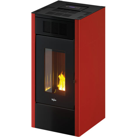 Poele a' granule's Pegaso Saba 14 revetement en me'tal peint rouge 14 kw pour 336 m  ventilation frontale a' 5 vitesses