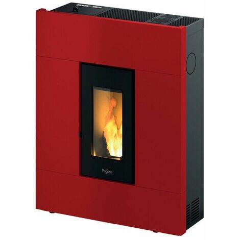 Poêle à granulés ventilé 7 kW rouge – Autonomie 16h – Rendement 88% – Évacuation des fumées arrière – Design compact – Pegaso