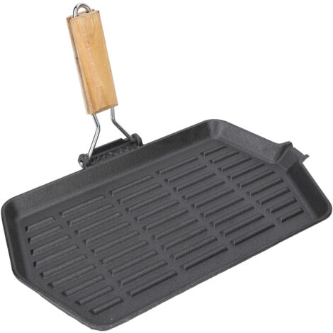 Poêle à Griller en Fonte 21x35 cm, Antiadhésive, Pliante et Portable pour Steak, Chauffage Uniforme avec Manche en Bois