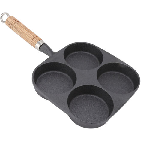 Poêle à œufs 4 alvéoles, poêle à frire avec manche en bois pour pancakes et omelettes du petit-déjeuner