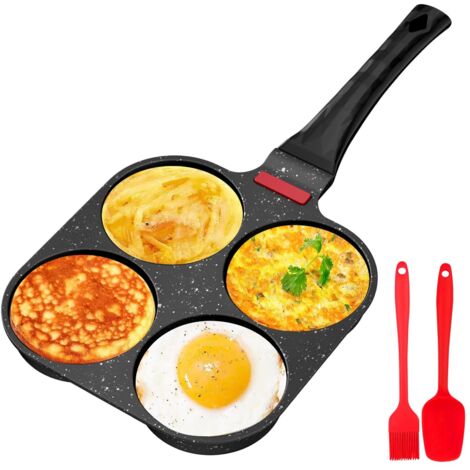 poele a pancakes, antiadhésive en aluminium pour poêle à pancake à 4 trous, appareil pancake avec Brosse à Huile de Silicone, pour petit-déjeuner oeuf, pour Cuisinière à Gaz (Noir)