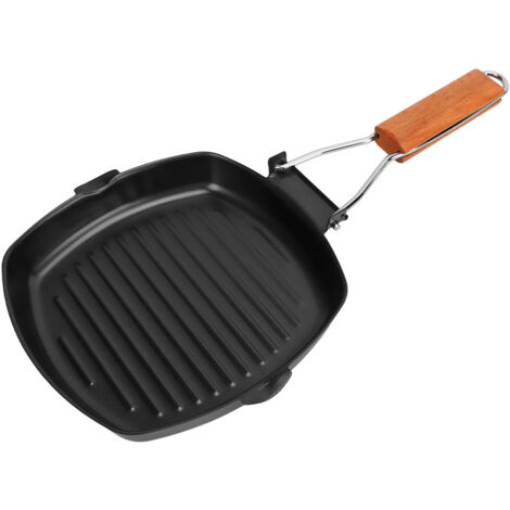 Poêle à steak pliable antiadhésive portable 20cm, poignée en bois anti-brûlure pour camping et cuisine