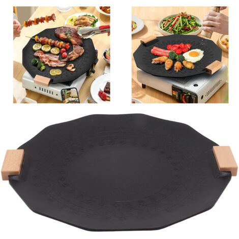 Poêle Barbecue Aluminium Antiadhésive 40cm Uniforme Induction Chaleur + 2 Poignées Beech Bois pour Camping Party BBQ Grill Plate
