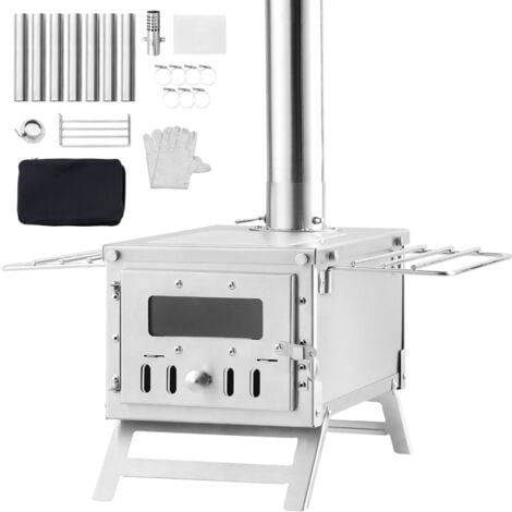 Poêle de camping en acier inoxydable Mophorn de 80 pouces, poêle à bois portable avec foyer de 700 pouces³, 8 tuyaux de cheminée et gants, poêle de tente chaude pour la cuisine et le chauffage