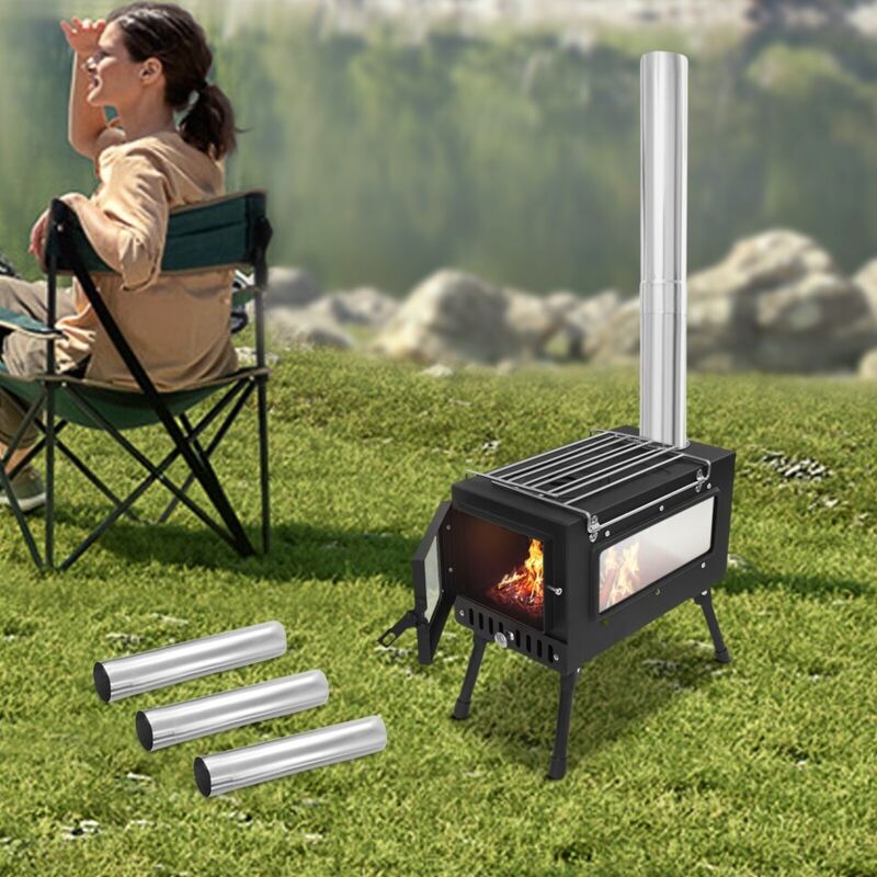 Poêle de tente, poêle à bois avec 5 tuyaux de cheminée, poêle de camping portable pour tente, poêle de tente chauffant pour le chauffage et la