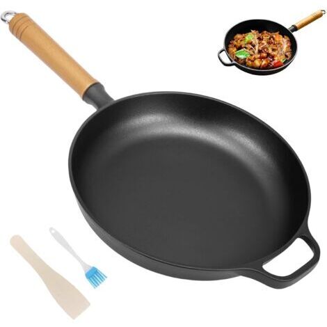 Poêle en fonte à induction - 27 cm - Pour tous les types de plaques de cuisson - Avec double poignée - Poignée en bois massif - Longue durée de vie