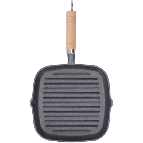 Poêle en Fonte Carrée Antiadhésive Multifonction - Idéale pour Steak, Bacon et Légumes, avec Manche en Bois