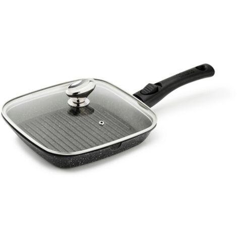 Poêle Grill PREMIUM 24 x 24 CM Fonte d'Aluminium Manche Amovible avec Couvercle en Verre - Pradel