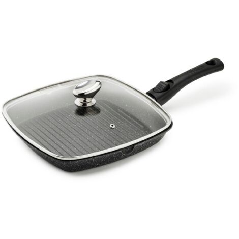 Poêle Grill PREMIUM 28 x 28 CM Fonte d'Aluminium Manche Amovible avec Couvercle en Verre - Pradel