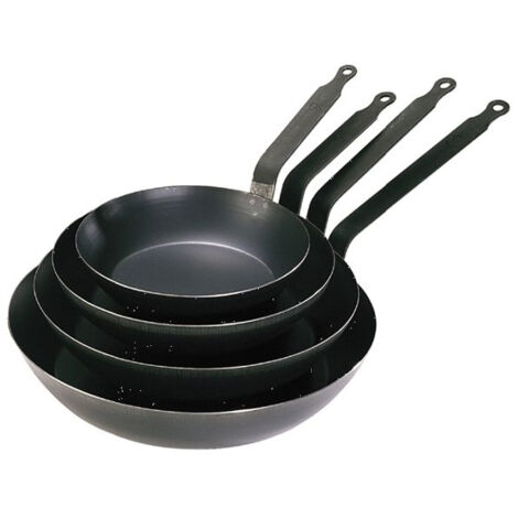 Poêle lyonnaise en tôle bleue 20 cm – Jupe haute évasée pour glisser facilement – Compatible tous feux sauf induction – Fabriquée en France – De Buyer