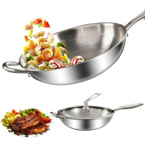 Poêle wok en acier inoxydable de 30 cm avec couvercle, épaisse, ultra durable, en titane, avec couvercle, adaptée à l'induction, passe au four jusqu'à 400 °C, non revêtue