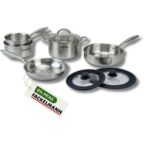 Poêles à Frire 24 cm, Casseroles 16 et 18 cm, Faitout 20 cm, Sauteuse 24 cm inox 18/10 Triply et 2 couvercles Fackelmann Vita3